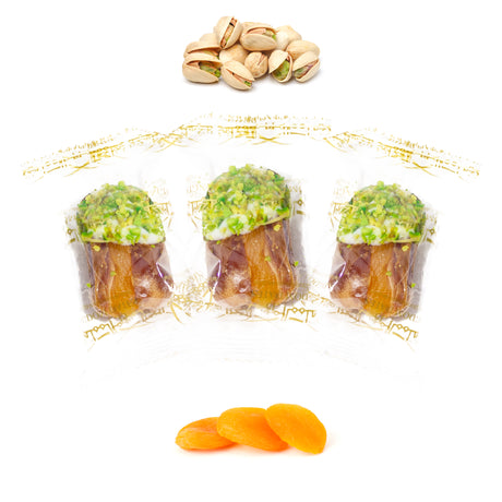 Luxury Sagi Dates Stuffed with Nuts & Half-Dipped in Pistachio Chocolate (Wrapped)