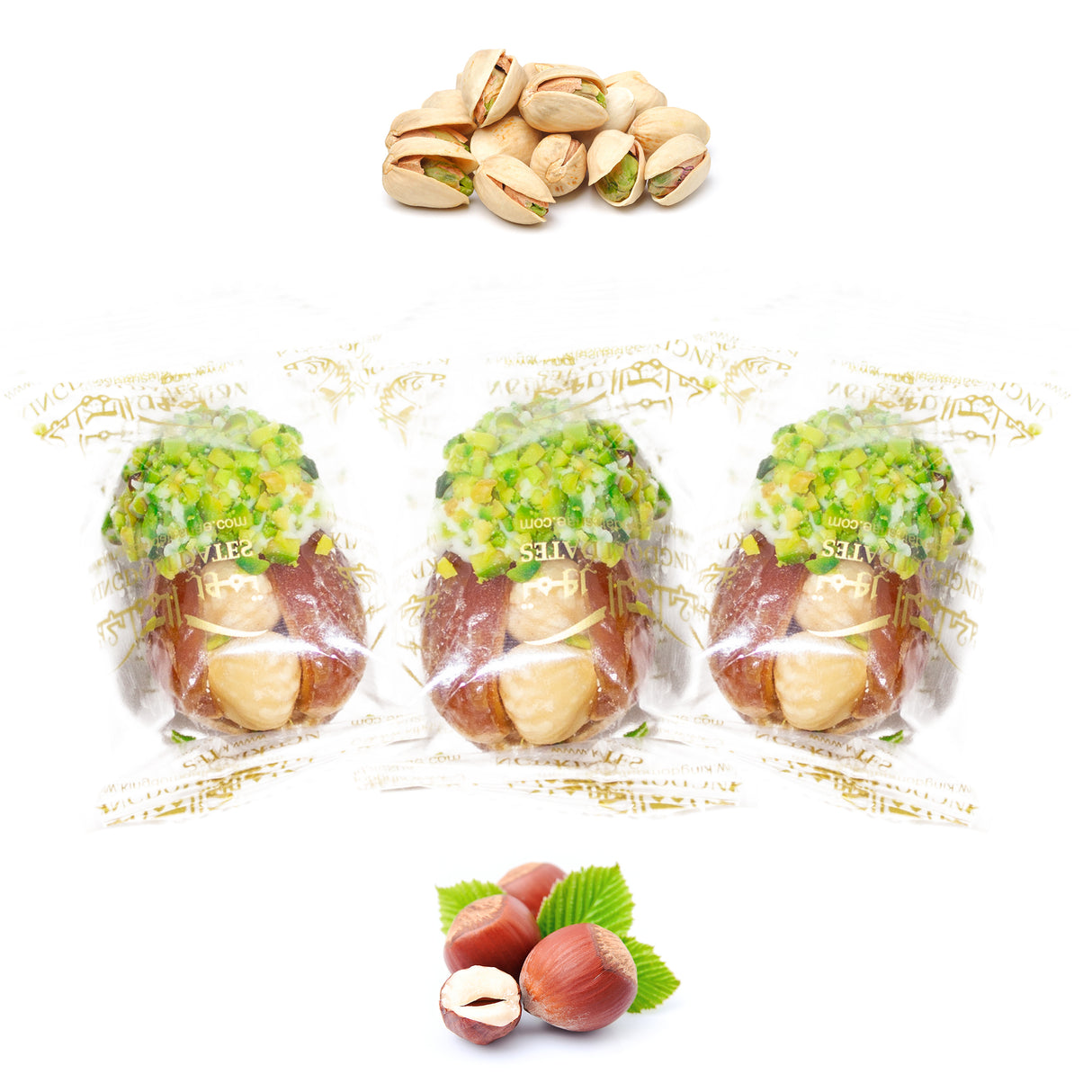 Luxury Sagi Dates Stuffed with Nuts & Half-Dipped in Pistachio Chocolate (Wrapped)