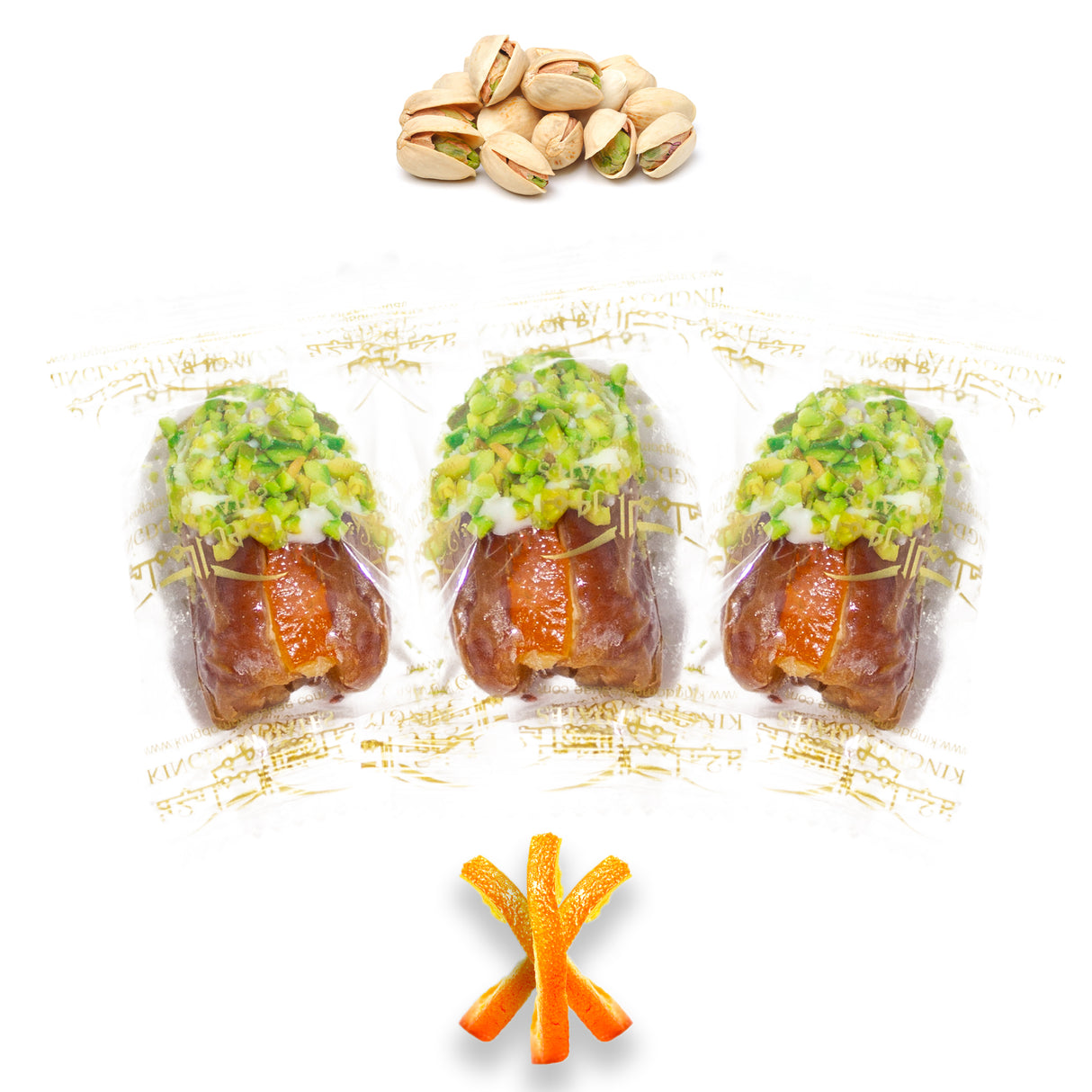 Luxury Sagi Dates Stuffed with Nuts & Half-Dipped in Pistachio Chocolate (Wrapped)