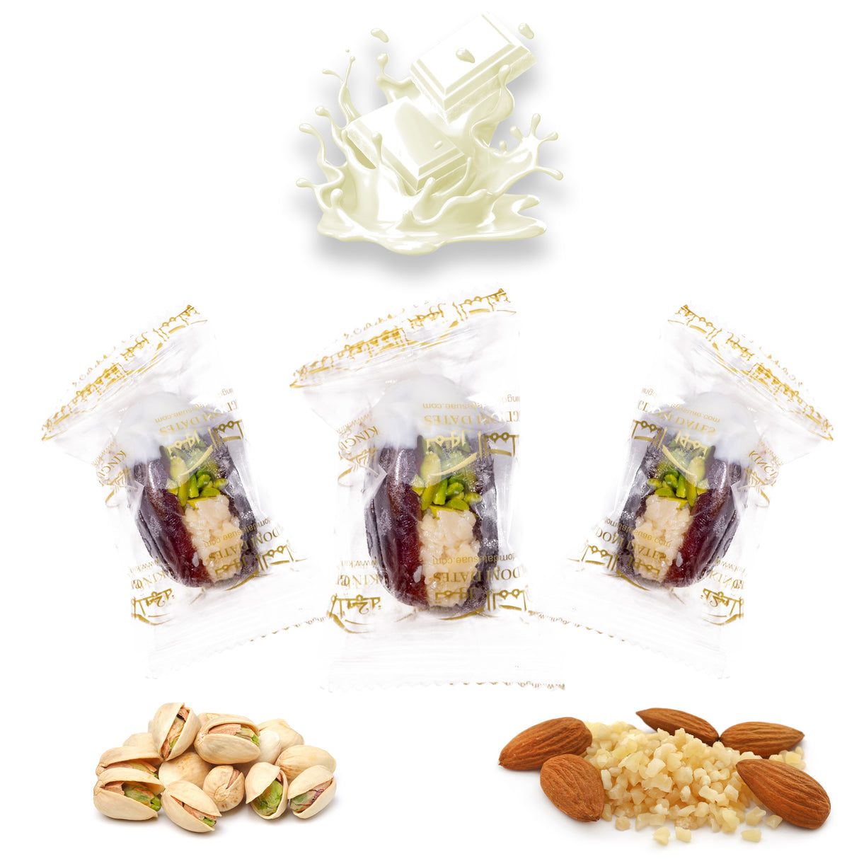 Luxury Khedri Dates Stuffed with Nuts & Half-Dipped in Vanilla Chocolate (Wrapped)