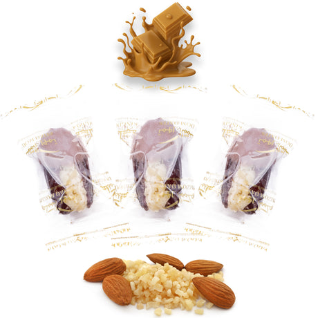 Luxury Khedri Dates Stuffed with Nuts & Half-Dipped in Caramel Chocolate (Wrapped)