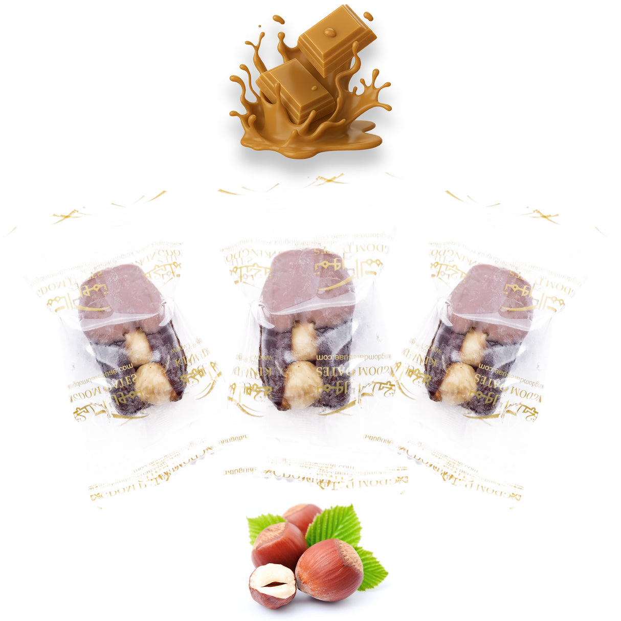 Luxury Khedri Dates Stuffed with Nuts & Half-Dipped in Caramel Chocolate (Wrapped)