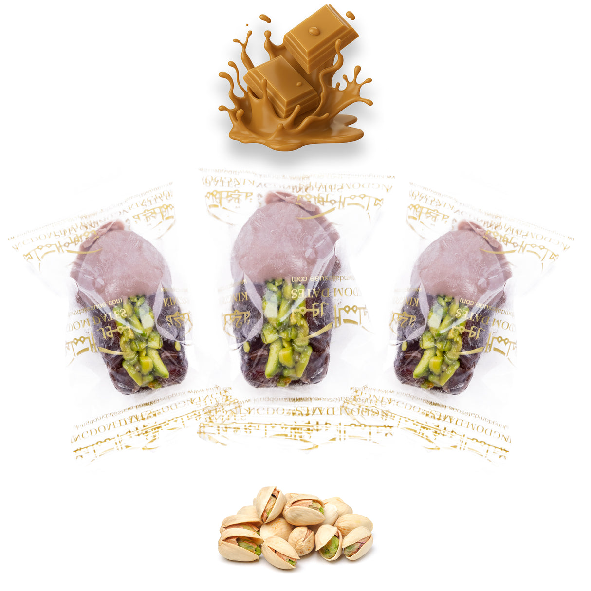 Luxury Khedri Dates Stuffed with Nuts & Half-Dipped in Caramel Chocolate (Wrapped)