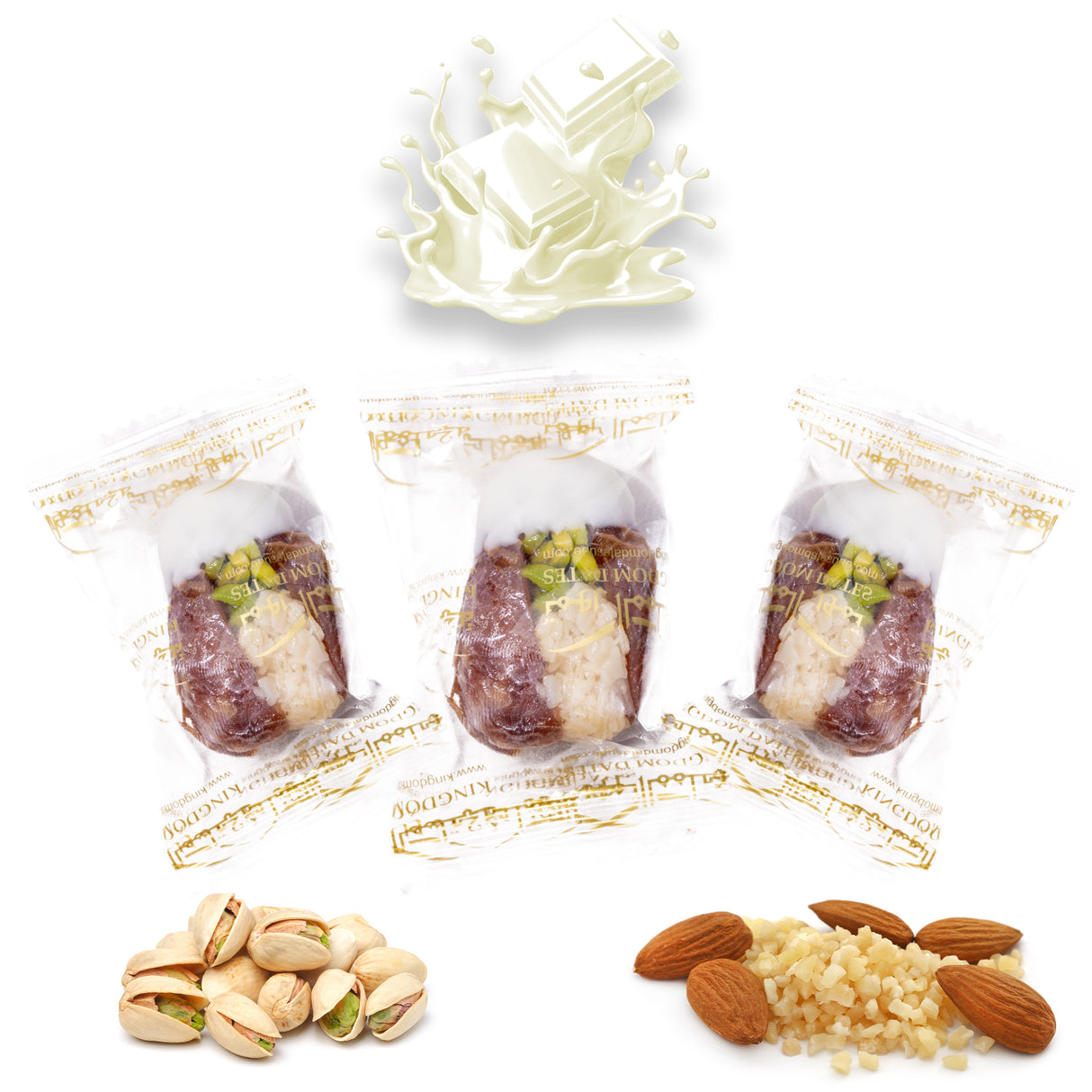 Luxury Sagi Dates Stuffed with Nuts & Half-Dipped in Vanilla Chocolate (Wrapped)