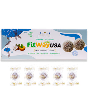 Coconut Dates Protein Ball with Cashew by Kingdom Dates UAE, close-up of 50g snack showing coconut, dates, and cashews.