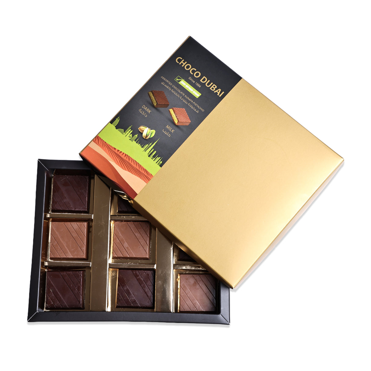 Dubai Chocolate Assorted Box 9Pcs – Kunafa & Pistachio, Zero Refined Sugar 180g